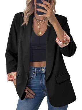 Women's Black Oversized Open Front Shawl Collar Floral Cuff Classic Suit Jacket